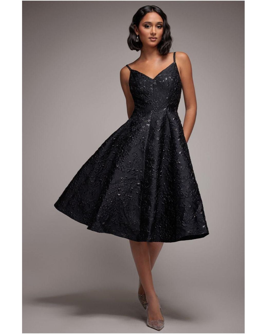 Goddiva Green Jacquard Sleeveless A-Line Midi Dress