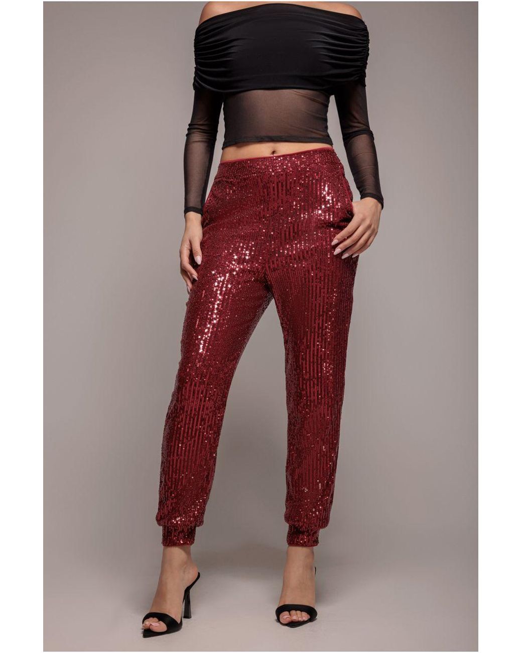 Goddiva Red Sequin Cuffed Ankle Trouser