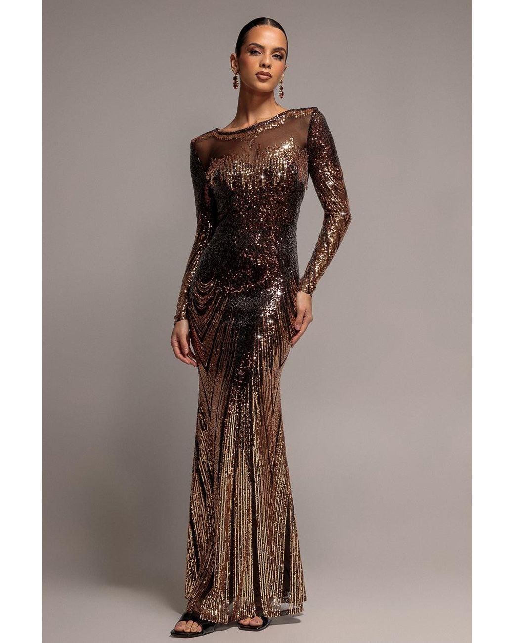 Goddiva Brown Long Sleeve Aztec Sequin Maxi Dress
