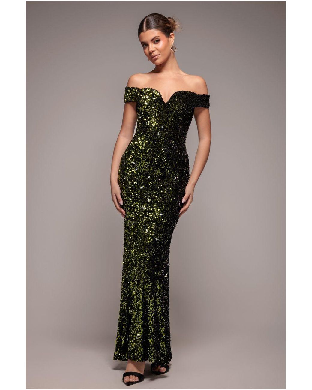 Goddiva Sequin Velvet Bardot Evening Maxi Dress in Green | Lyst UK