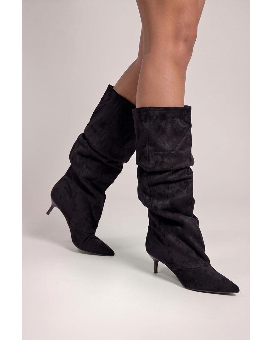 Goddiva Black Pointed-Toe Knee High Slouchy Kitten Heel Boots