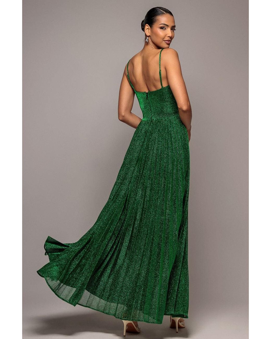Goddiva Green Sleeveless Pleated A Line Lurex Maxi Dress
