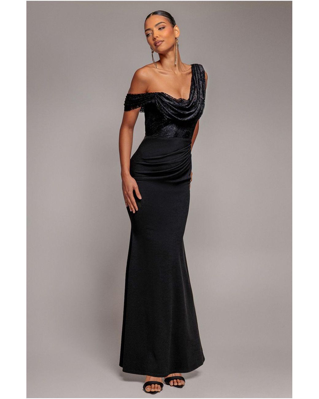 Goddiva Gray Lace Cowl One Shoulder Scuba Crepe Maxi Dress