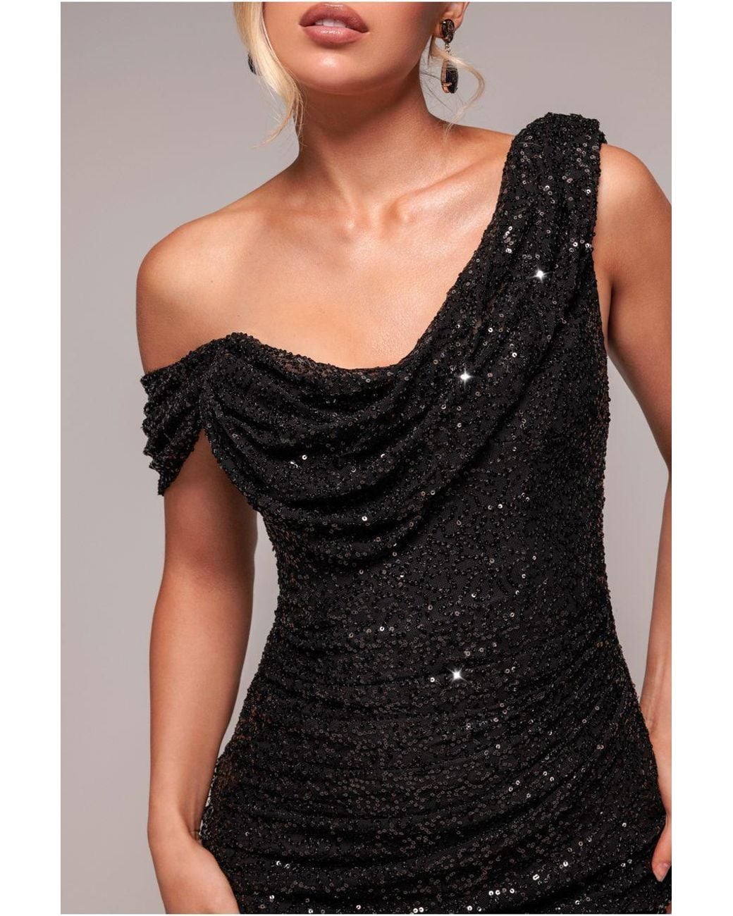 Goddiva Black Sequin Cowl One Shoulder Midi Dress