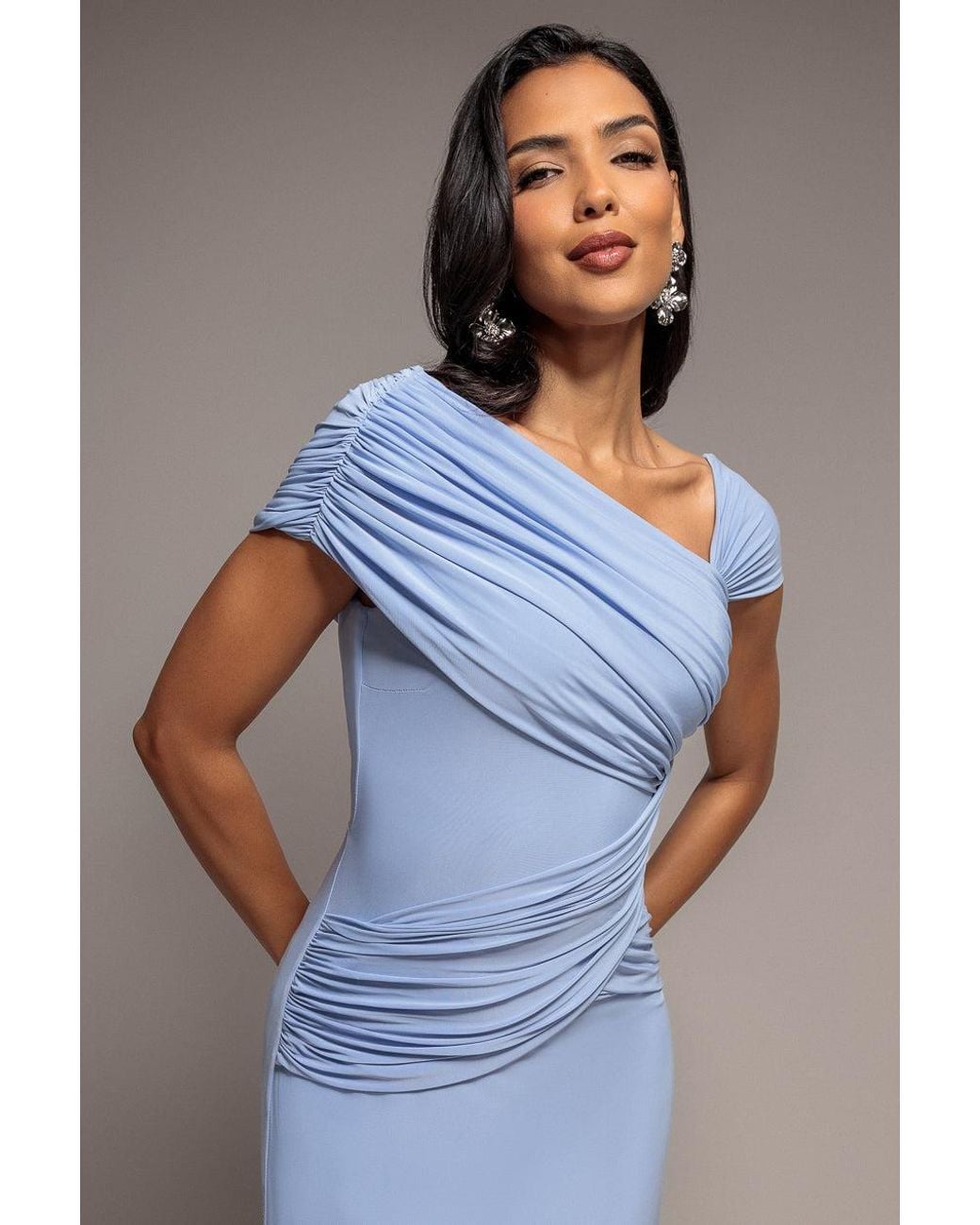 Goddiva Blue Asymmetric Neck Gathered Waist Maxi Dress