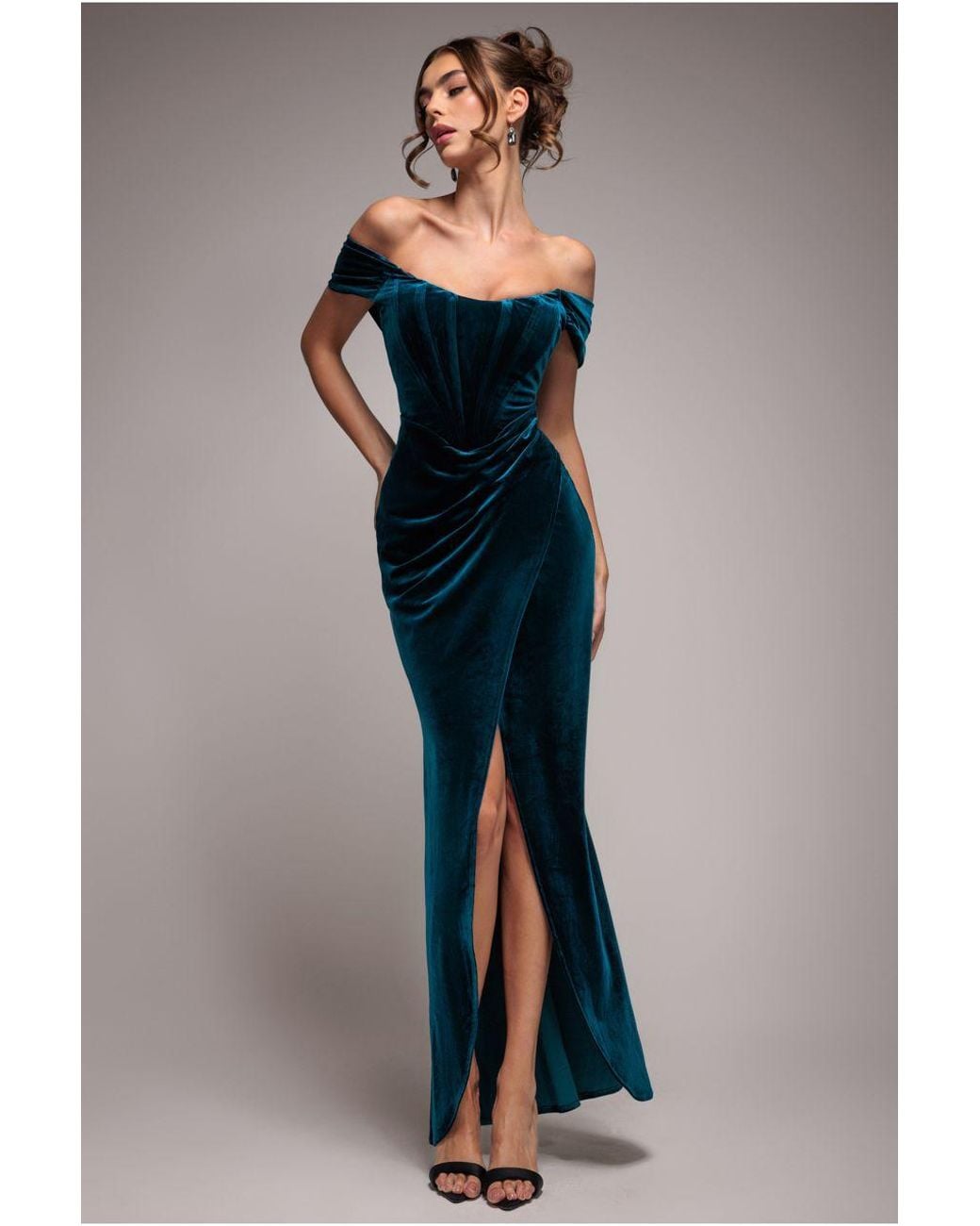 Goddiva Blue Draped Shoulder Velvet Corset Maxi