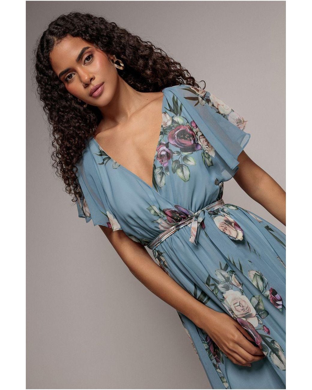 Goddiva Blue Floral Printed Flutter Sleeve Chiffon Midi Dress