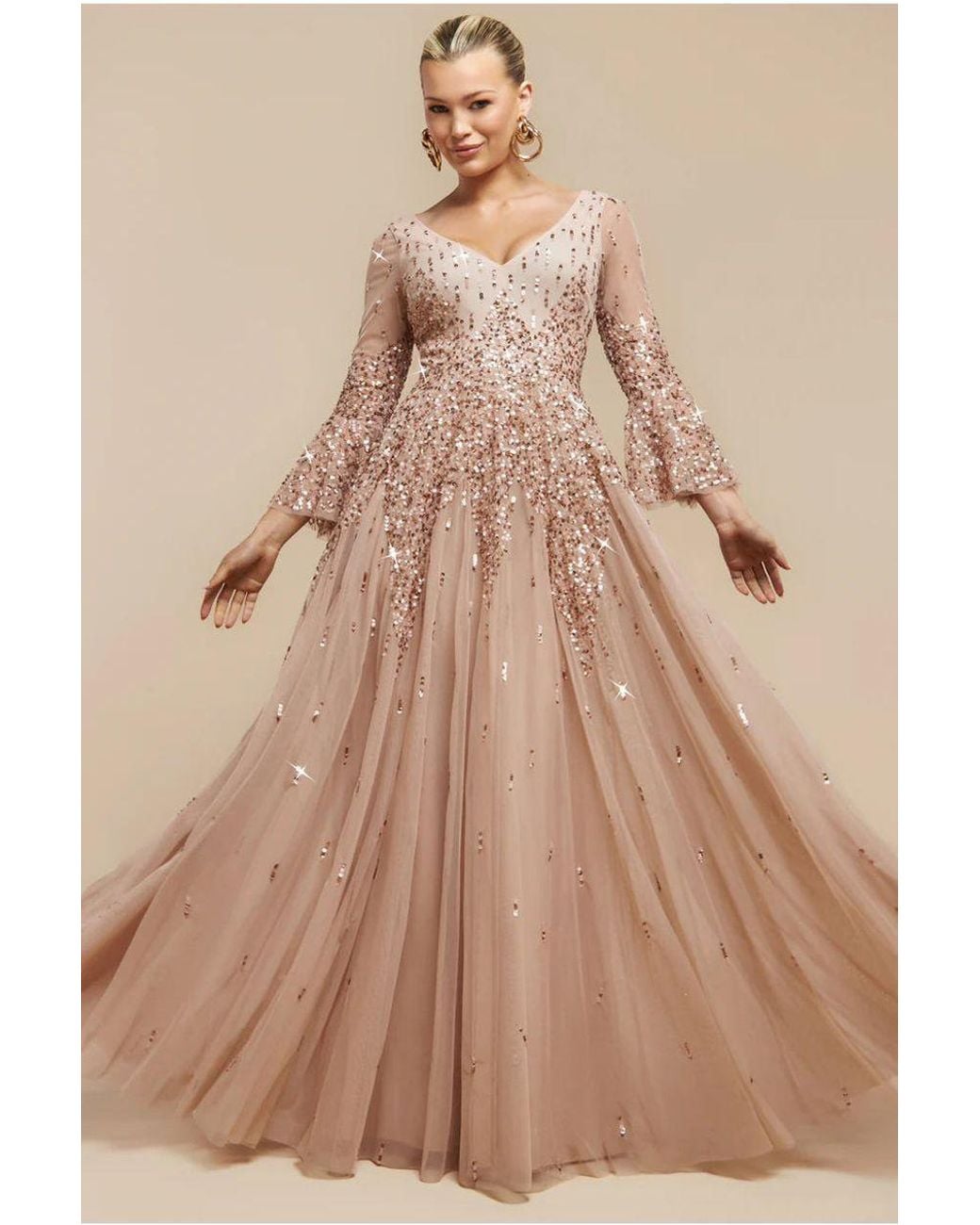 Goddiva Natural Sunray Hand Embellished Sequin A-Line Bell Sleeve Maxi Dress