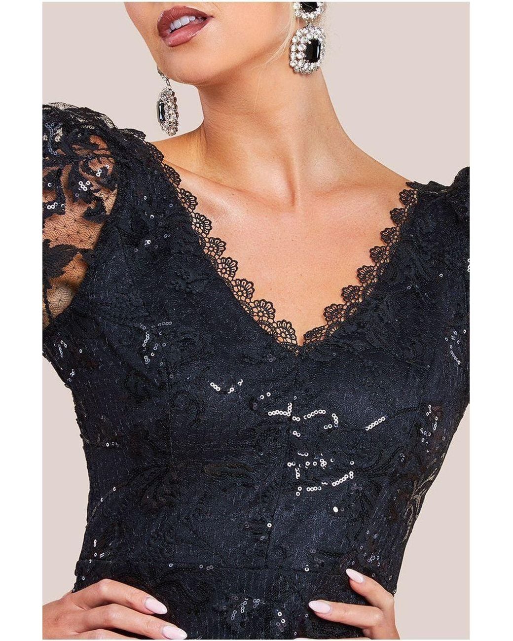 Goddiva Blue Sequin Lace Short Sleeve A-Line Midi Dress