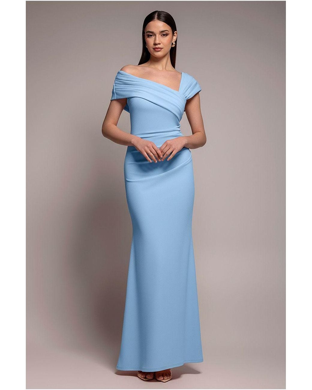 Goddiva Blue One Shoulder Asymmetric Scuba Crepe Maxi Dress