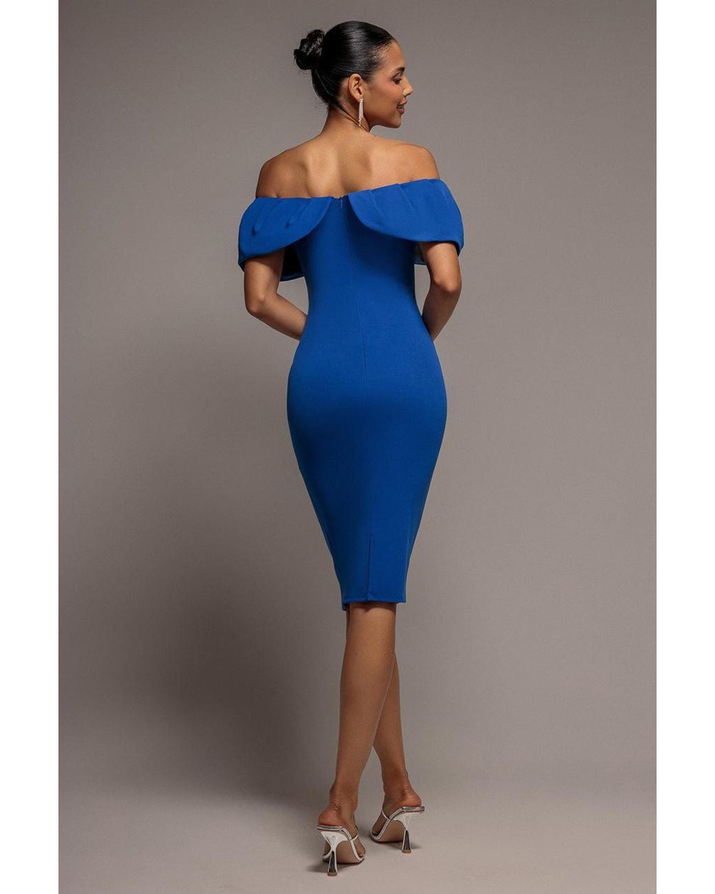 Goddiva Blue Scuba Crepe Pleated Bardot Midi Dress