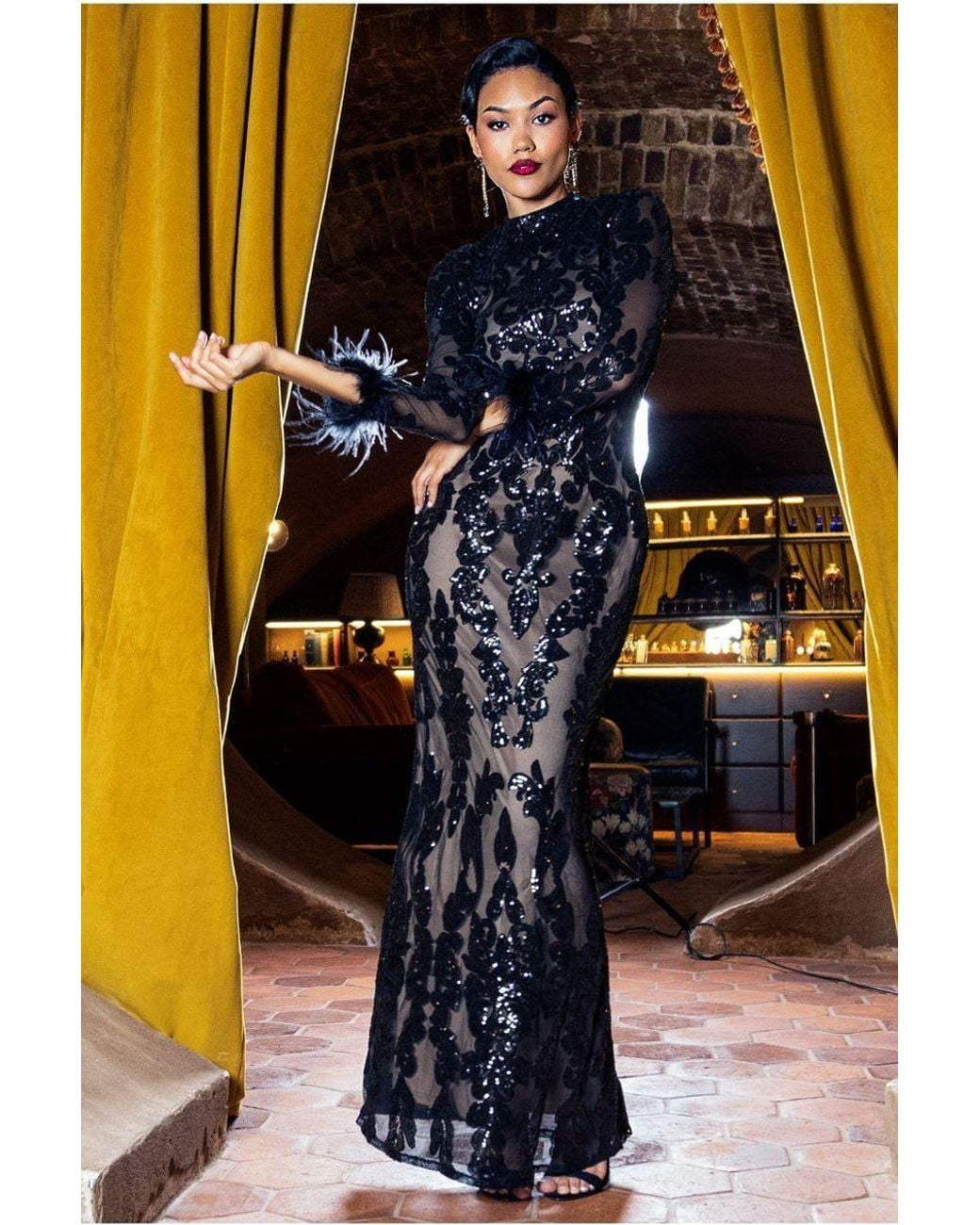 Goddiva Sequin High Neck Feather Cuff Maxi Dress in Purple | Lyst