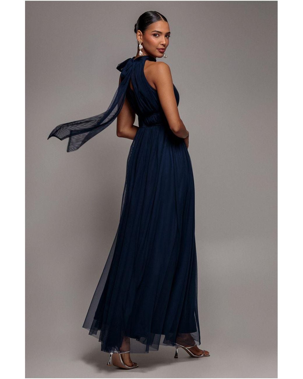Goddiva Blue Halter Neck Mesh Tie Maxi Dress