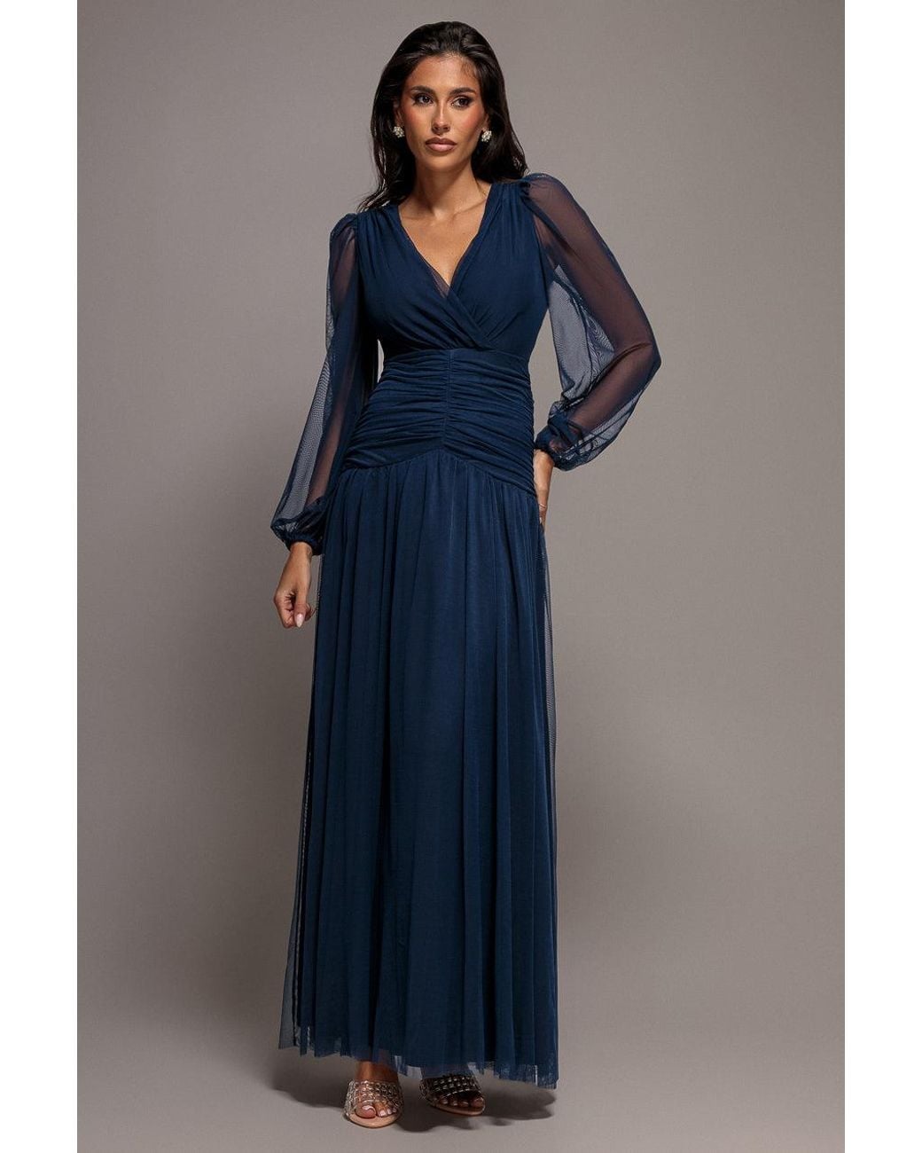 Goddiva Blue Gathered Long Balloon Sleeve A-Line Mesh Maxi Dress