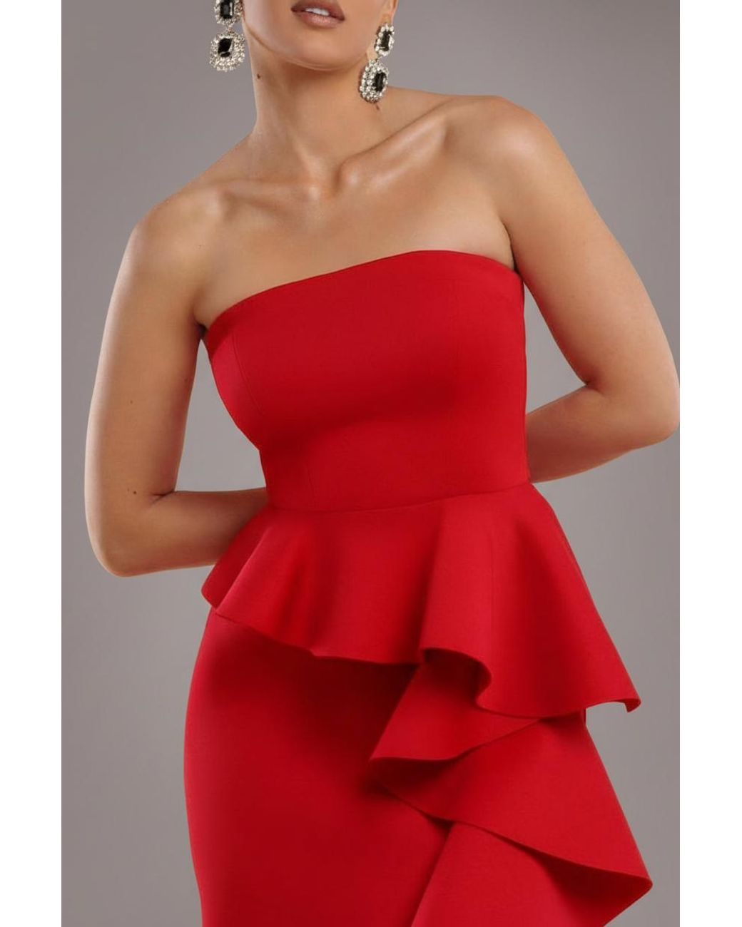 Goddiva Red Boobtube Peplum Waterfall Frill Maxi Dress