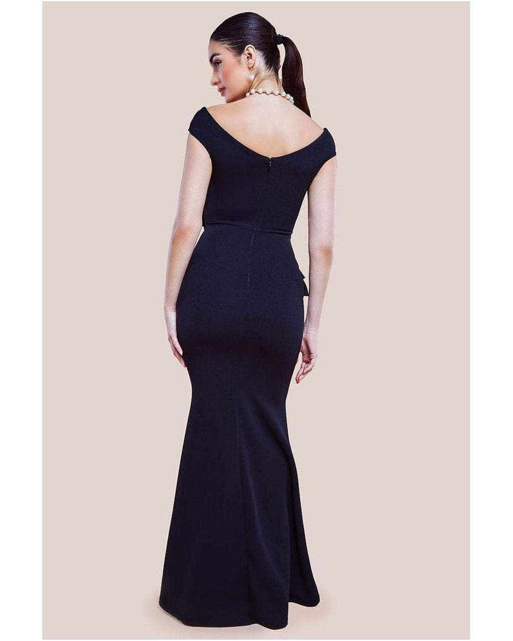 Goddiva Blue Scuba Crepe Rose Frill Maxi Dress