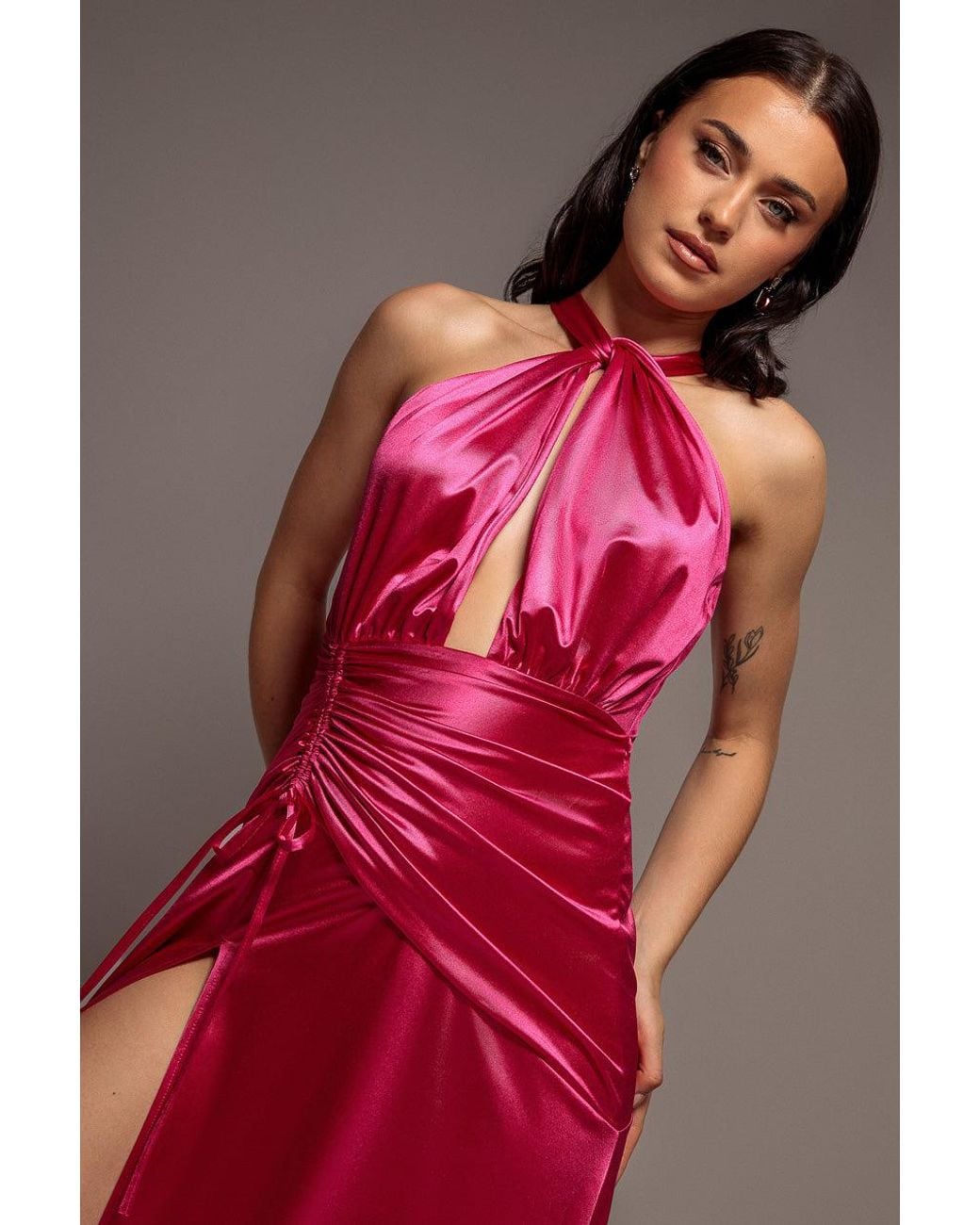 Goddiva Pink Halter Neck Front Split Satin Maxi Dress