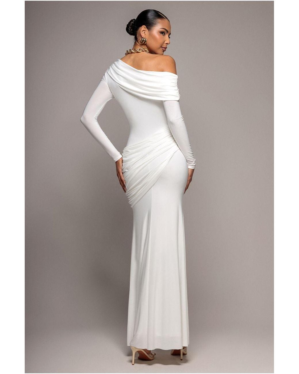 Goddiva Gray Off Shoulder Gathered Panel Soft Touch Maxi Dress