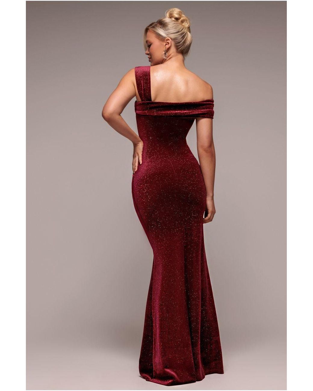 Goddiva Red Glitter Polka Dot Velvet One Shoulder Maxi Dress