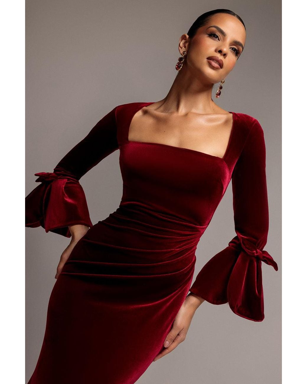 Goddiva Red Petal Bow Sleeve Frill Velvet Maxi Dress