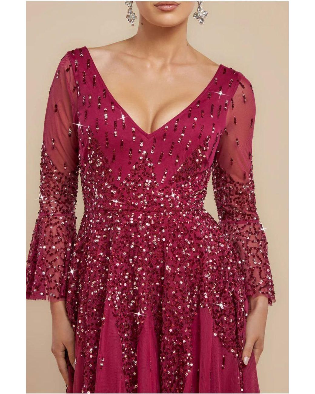 Goddiva Red Sunray Hand Embellished Sequin A-Line Bell Sleeve Maxi Dress
