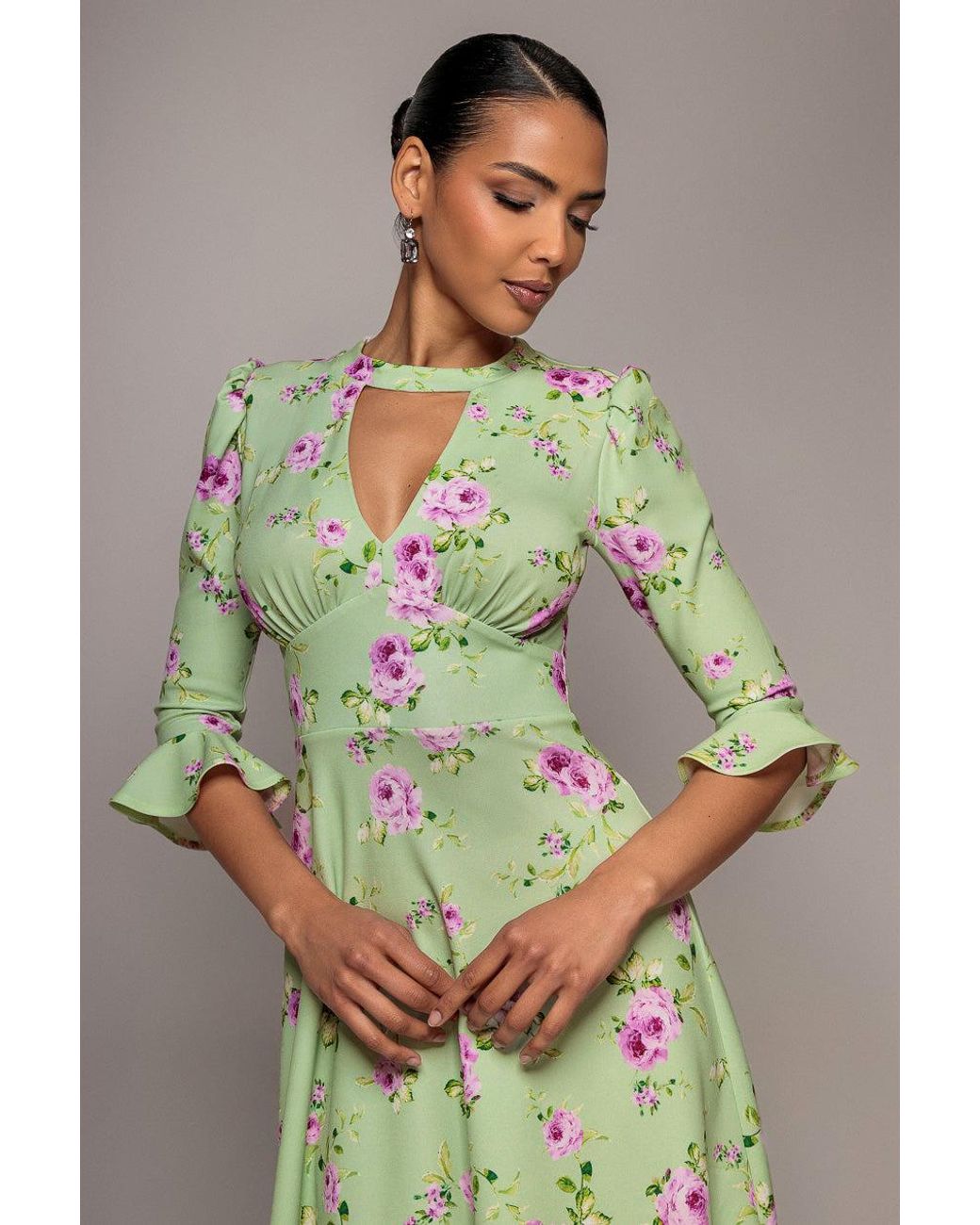Goddiva Green Floral Printed Flared Sleeve Midi