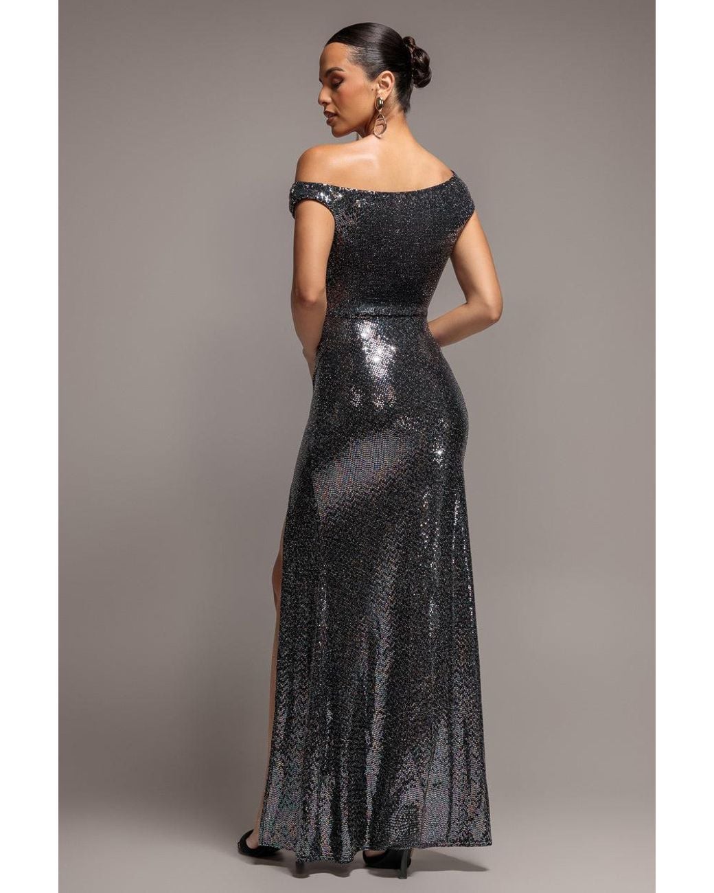 Goddiva Gray Asymmetric One Shoulder Front Split Sequin Maxi Dress