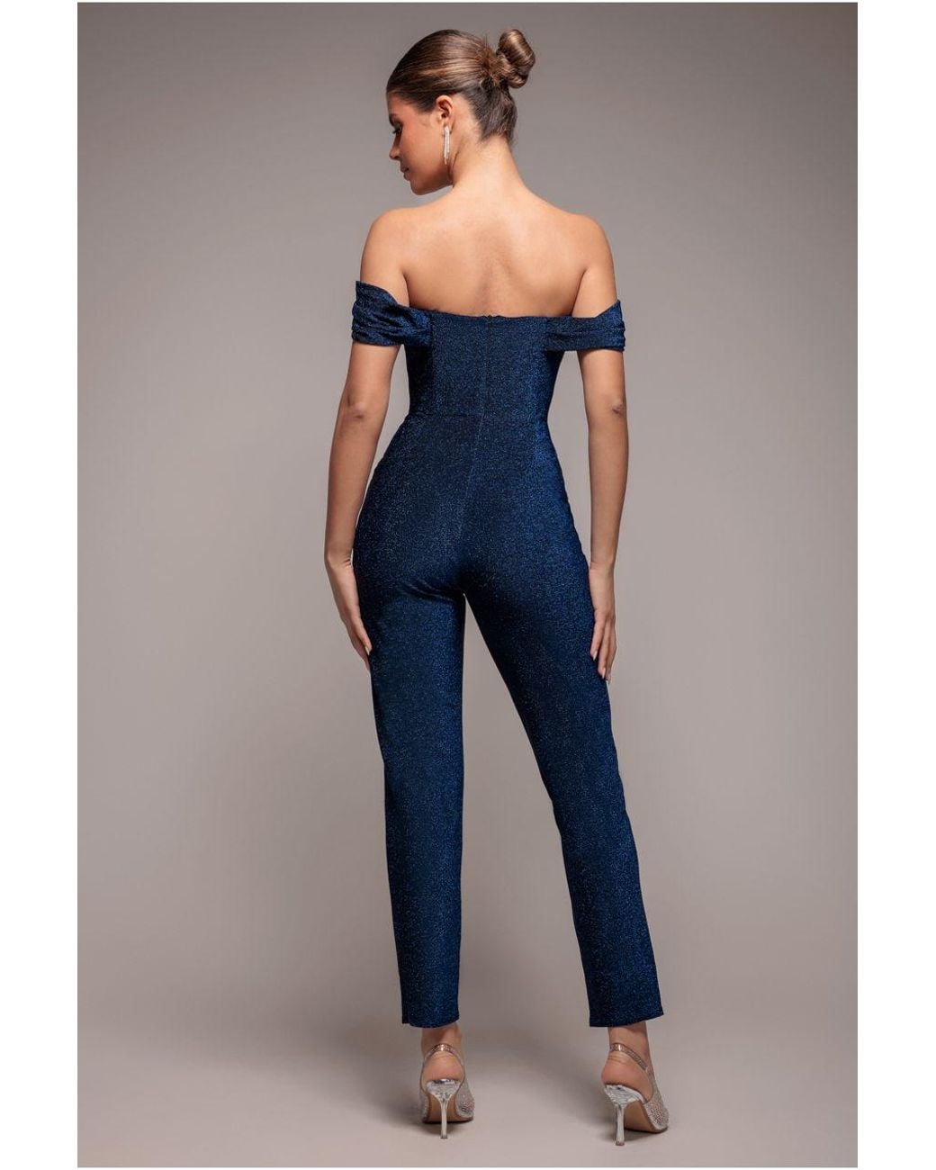 Goddiva Blue Lurex Cowl Neck Jumpsuit