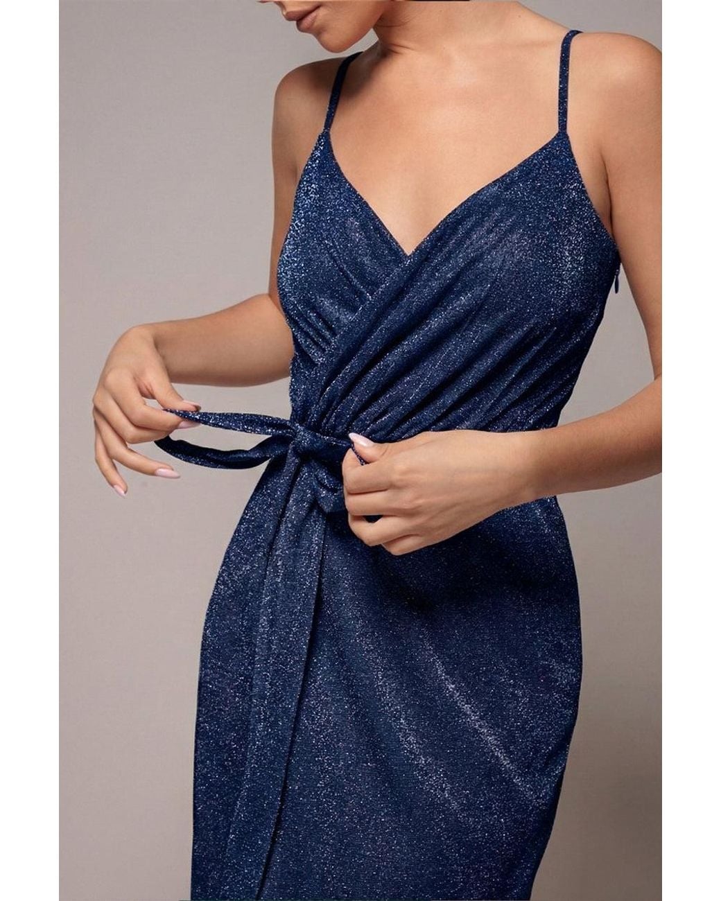Goddiva Blue Wrap Style Spaghetti Strap Maxi With Split