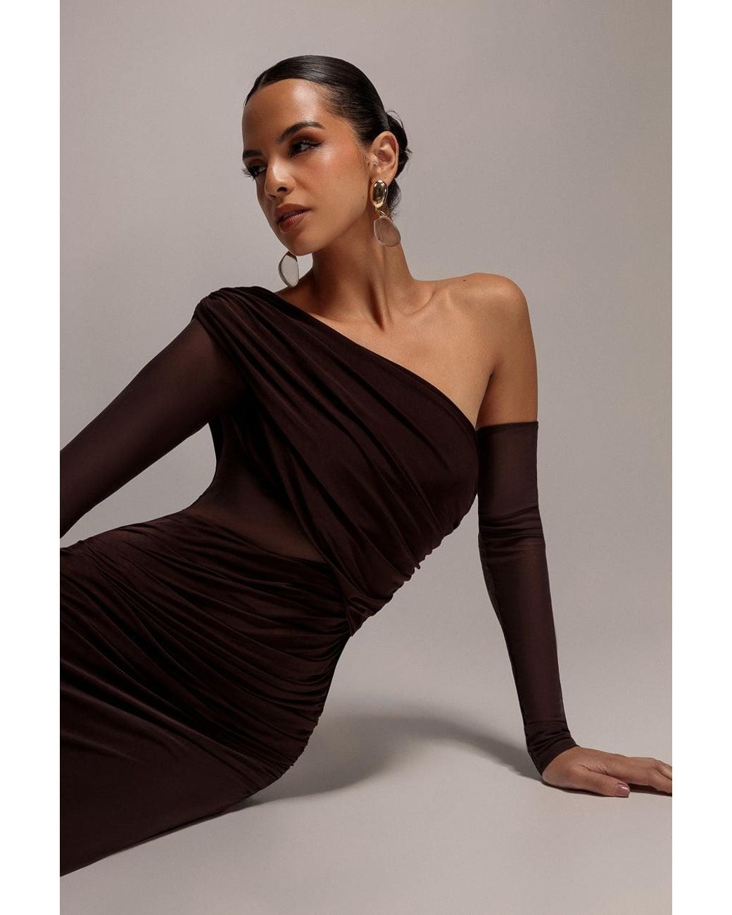 Goddiva Brown Gathered Cowl Asymmetric Mesh And Soft Touch Maxi Dress