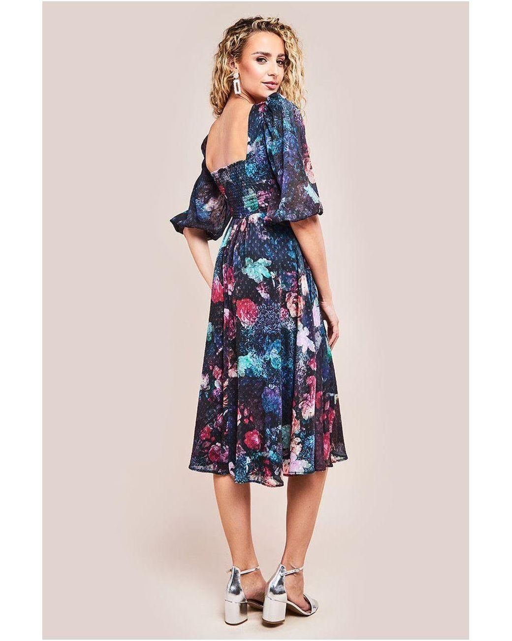 Goddiva Blue Puff Sleeve Shirred Back Midi Dress