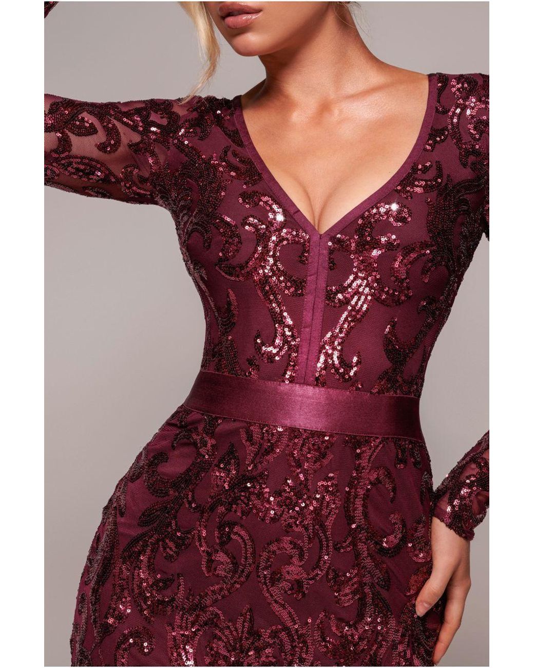 Goddiva Red Sequin & Mesh Midi Dress