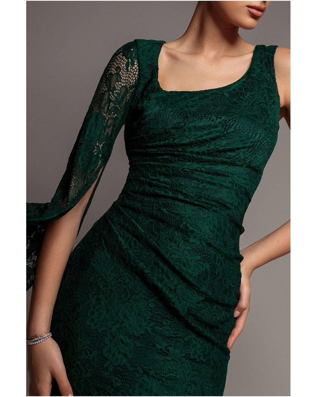 Goddiva Green One Shoulder Cape Sleeve Pleated Lace Maxi Dress