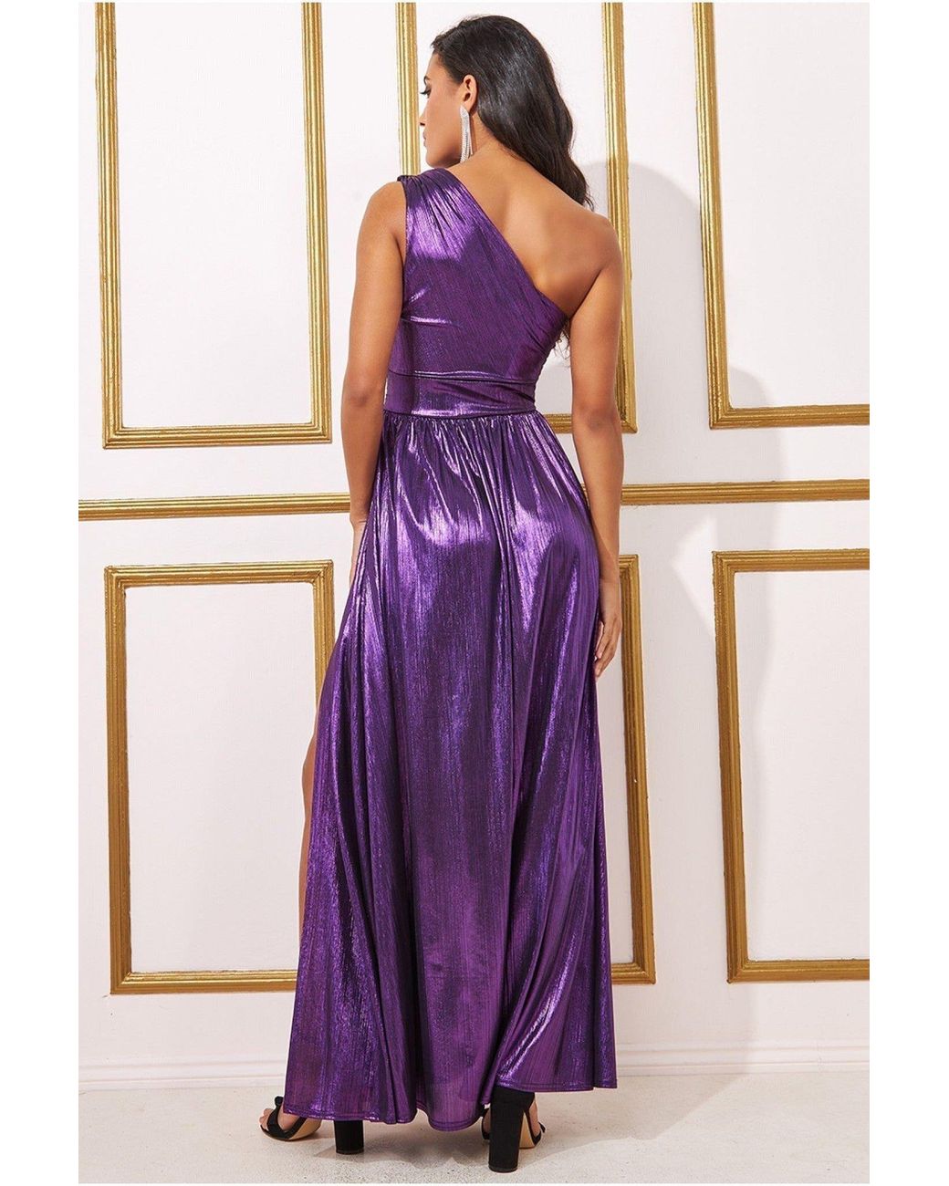Goddiva Purple One Shoulder Slinky Foil Flared Maxi Dress