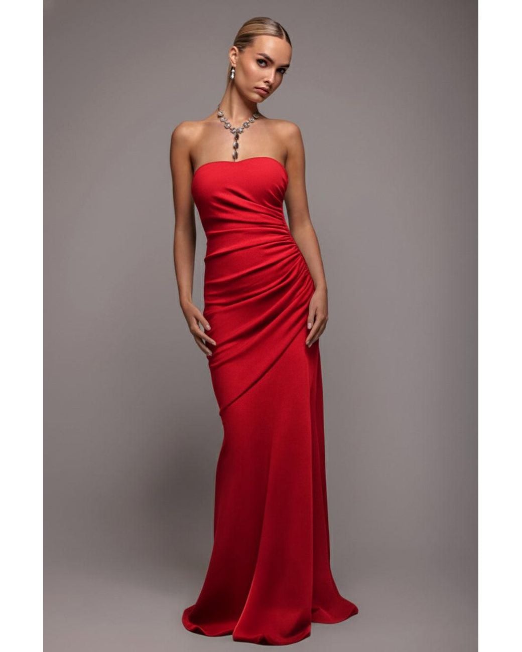 Goddiva Red Scuba Crepe Bandeau Maxi With Diamante Necklace