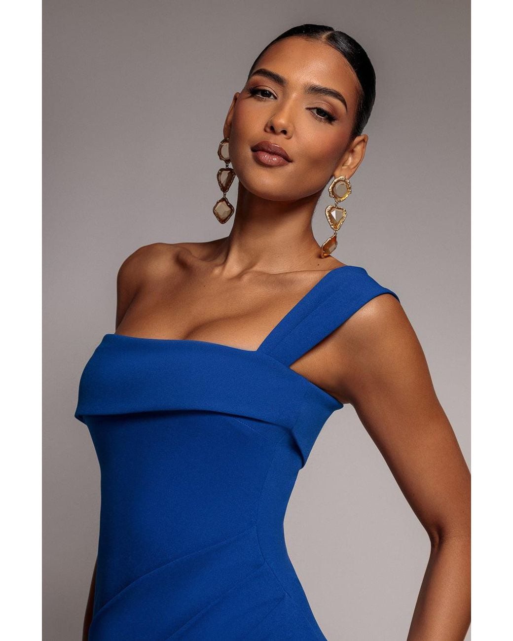 Goddiva Blue Sustainable Off Shoulder Asymmetric Pleated Waist Maxi Dress