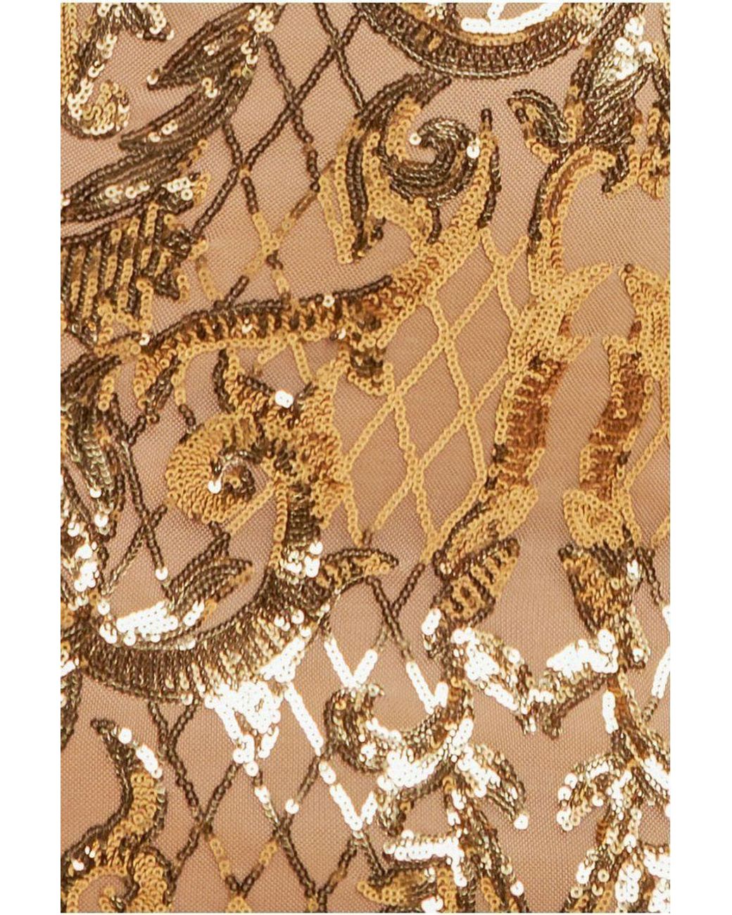 Goddiva Natural Sequin Square Neck Bodycon Midi Dress With Scalloped Hem