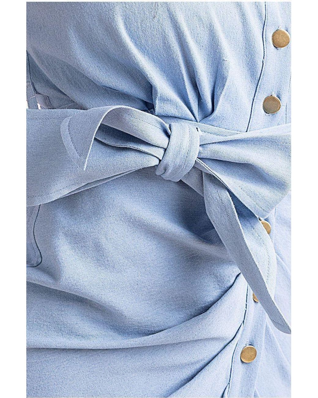 Goddiva Blue Denim Gathered Angel Sleeve Midi Shirt Dress