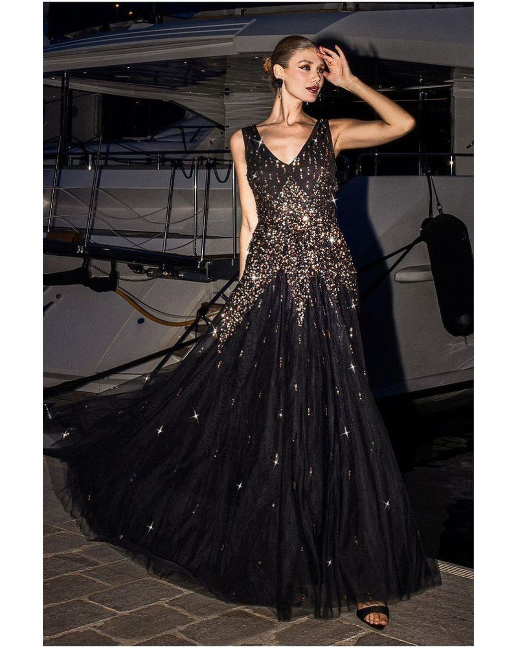 Goddiva Black Sunray Hand Embellished Sequin A-Line Sleeveless Maxi Dress