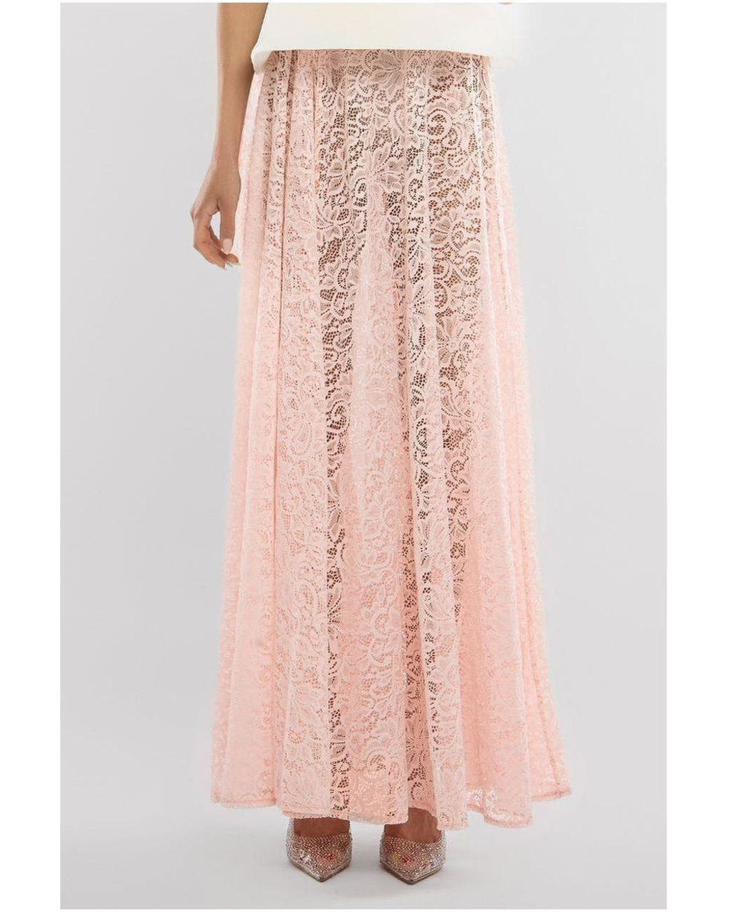 Goddiva Pink Scuba Boobtube Peplum Corset With Floral Lace A-Line Maxi Skirt With Scarf