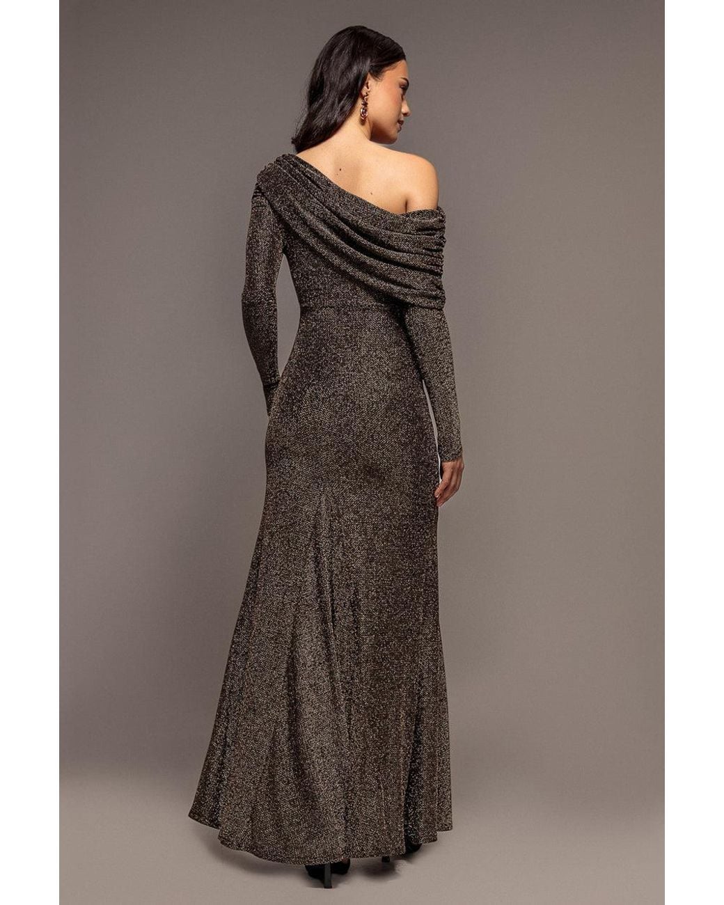 Goddiva Brown Off Shoulder Gathered Bardot Asymmetric Lurex Maxi Dress
