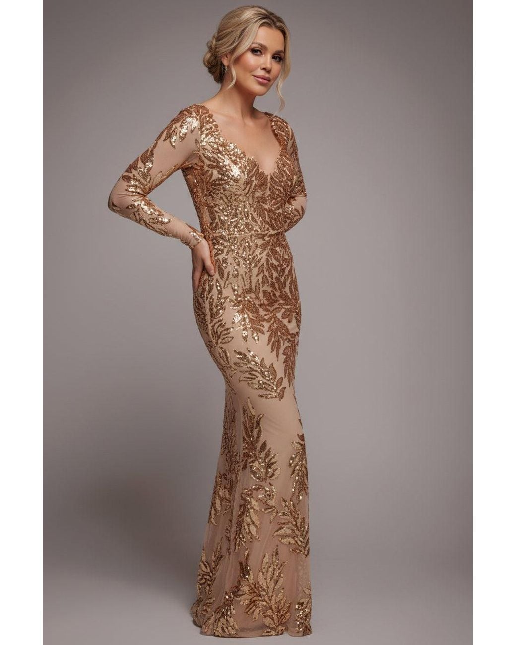 Goddiva Sequin Leaf Long Sleeve Maxi Dress in Brown | Lyst