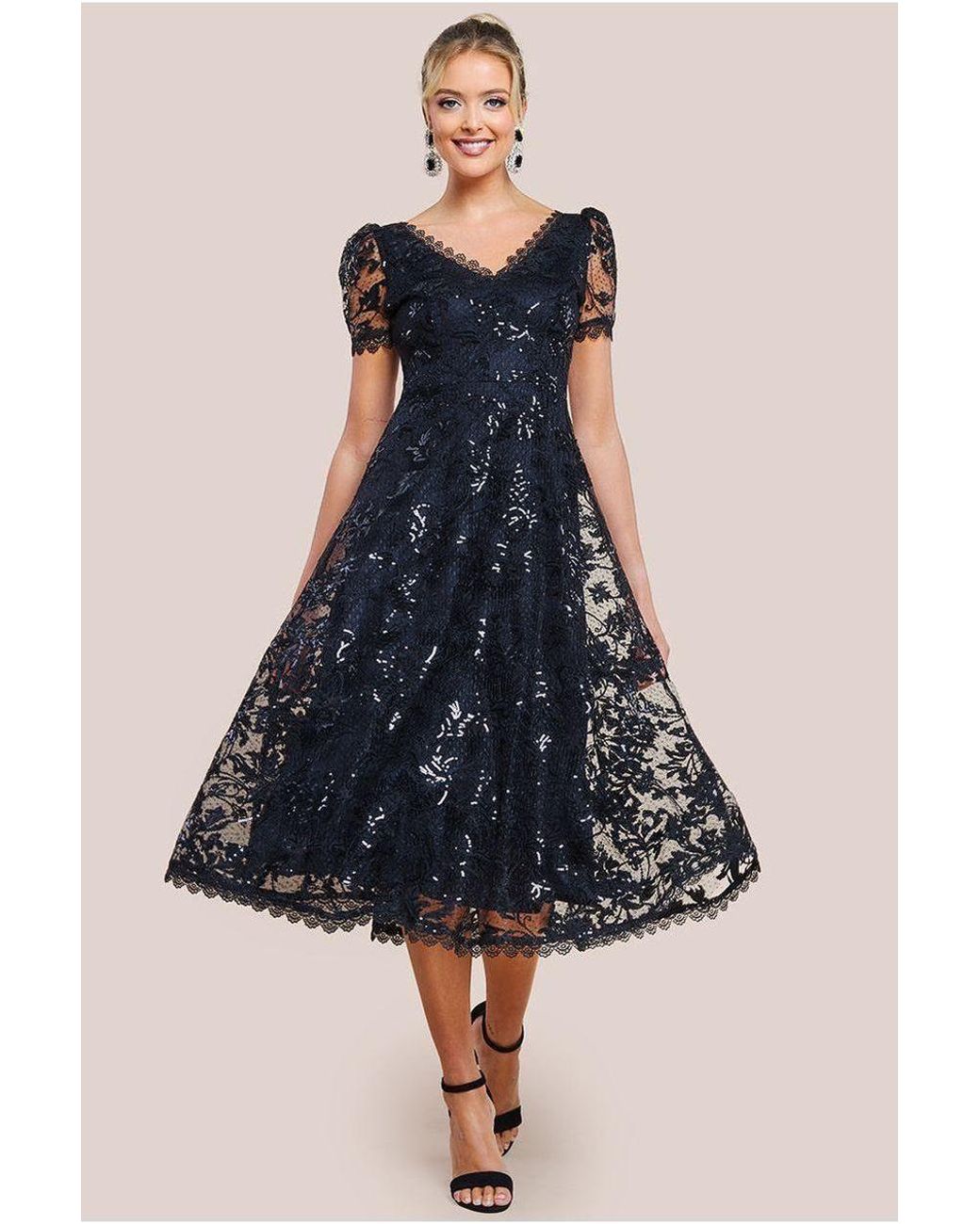 Goddiva Blue Sequin Lace Short Sleeve A-Line Midi Dress