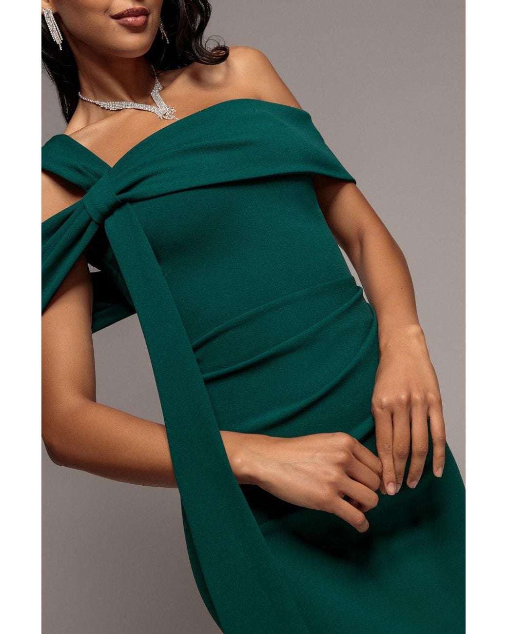 Goddiva Green One Shoulder Twisted Bardot Asymmetric Mermaid Maxi Dress