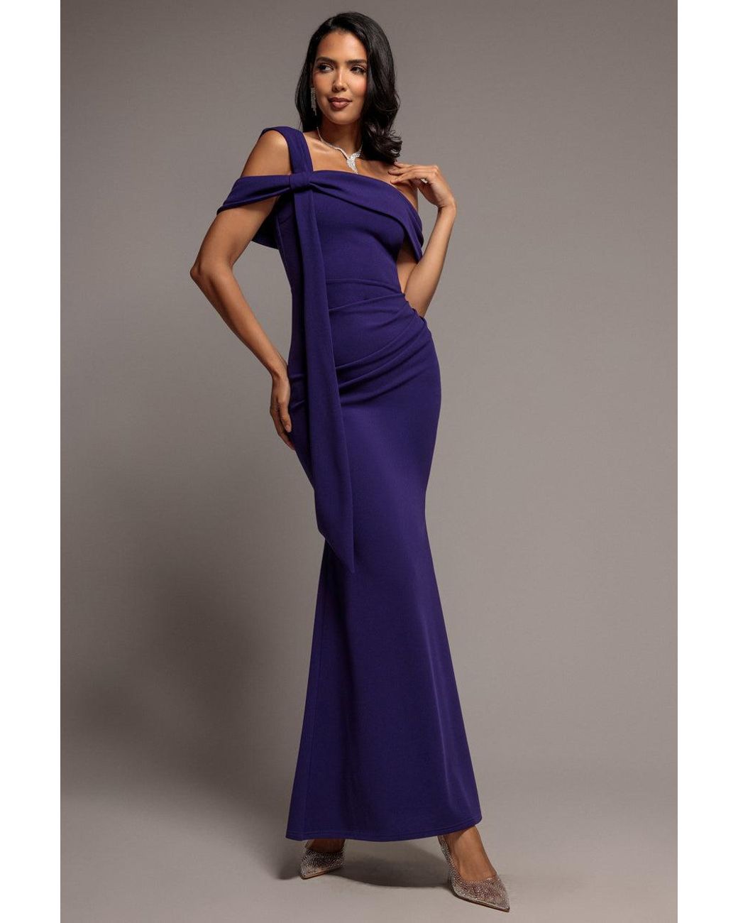 Goddiva Purple One Shoulder Twisted Bardot Asymmetric Mermaid Maxi Dress