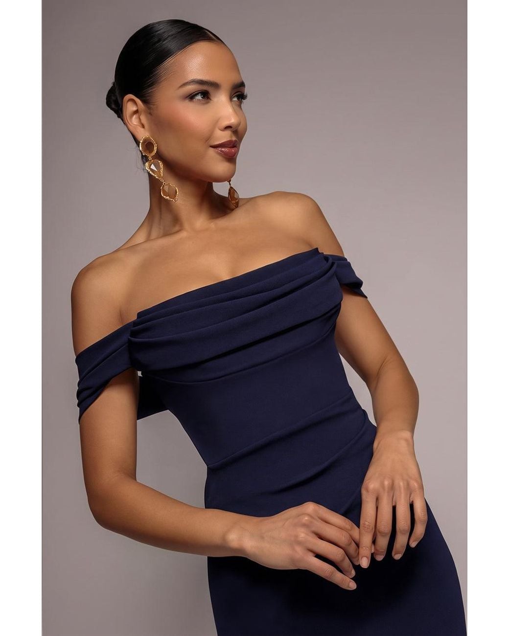 Goddiva Blue Off The Shoulder Cowl Neck Maxi Dress
