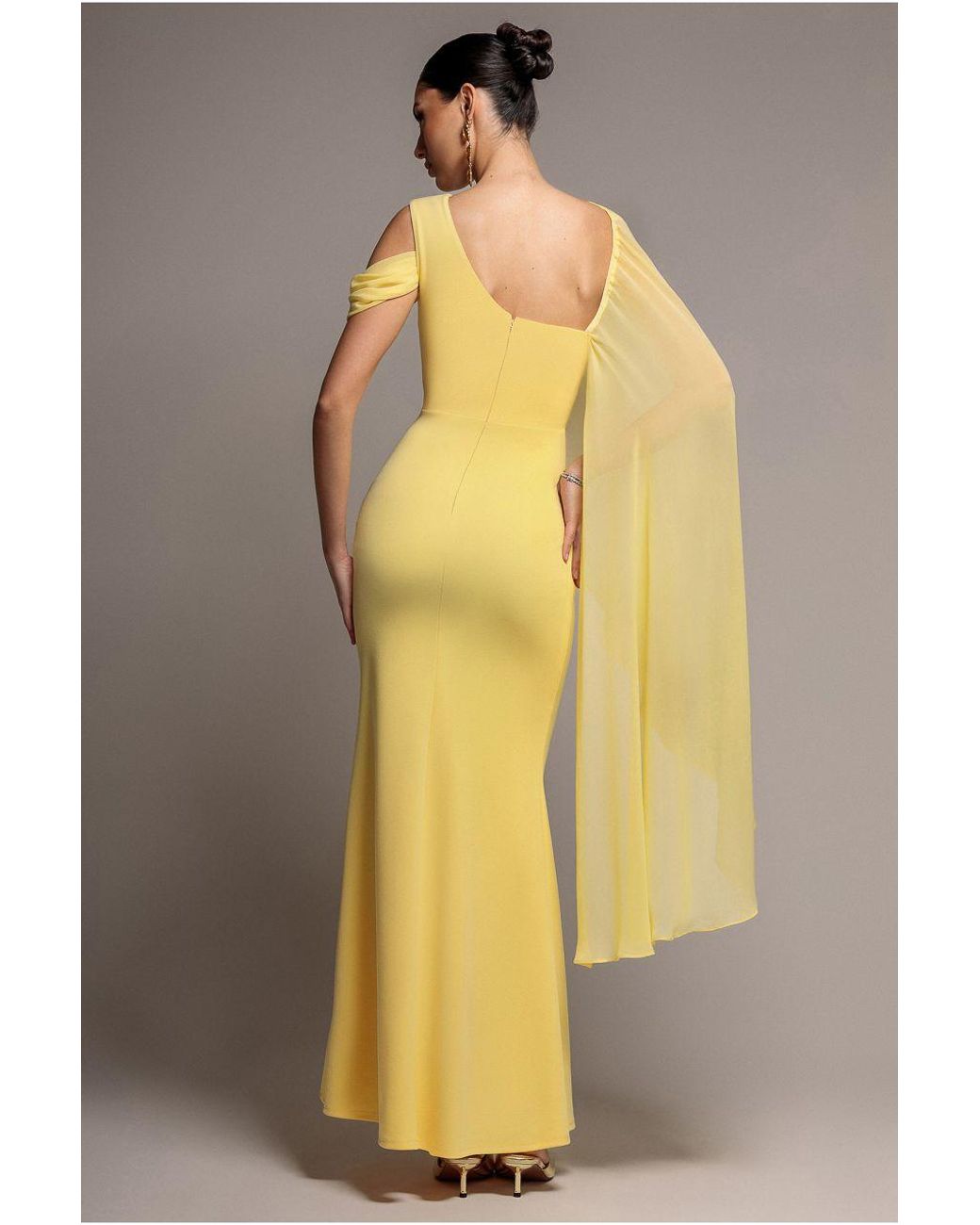 Goddiva Multicolor One Shoulder Chiffon Cape Crepe Maxi Dress