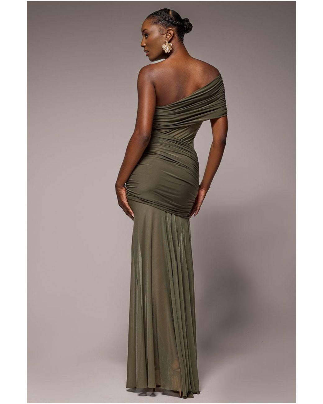 Goddiva Blue Gathered One Shoulder Sheer Panel Maxi Dress