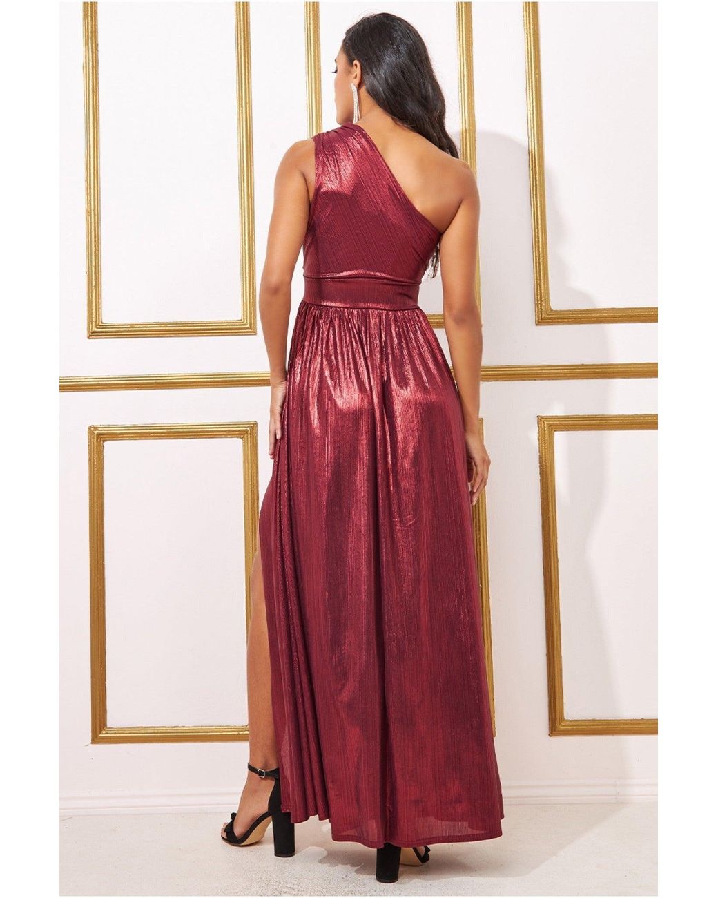 Goddiva One Shoulder Slinky Foil Flared Maxi Dress