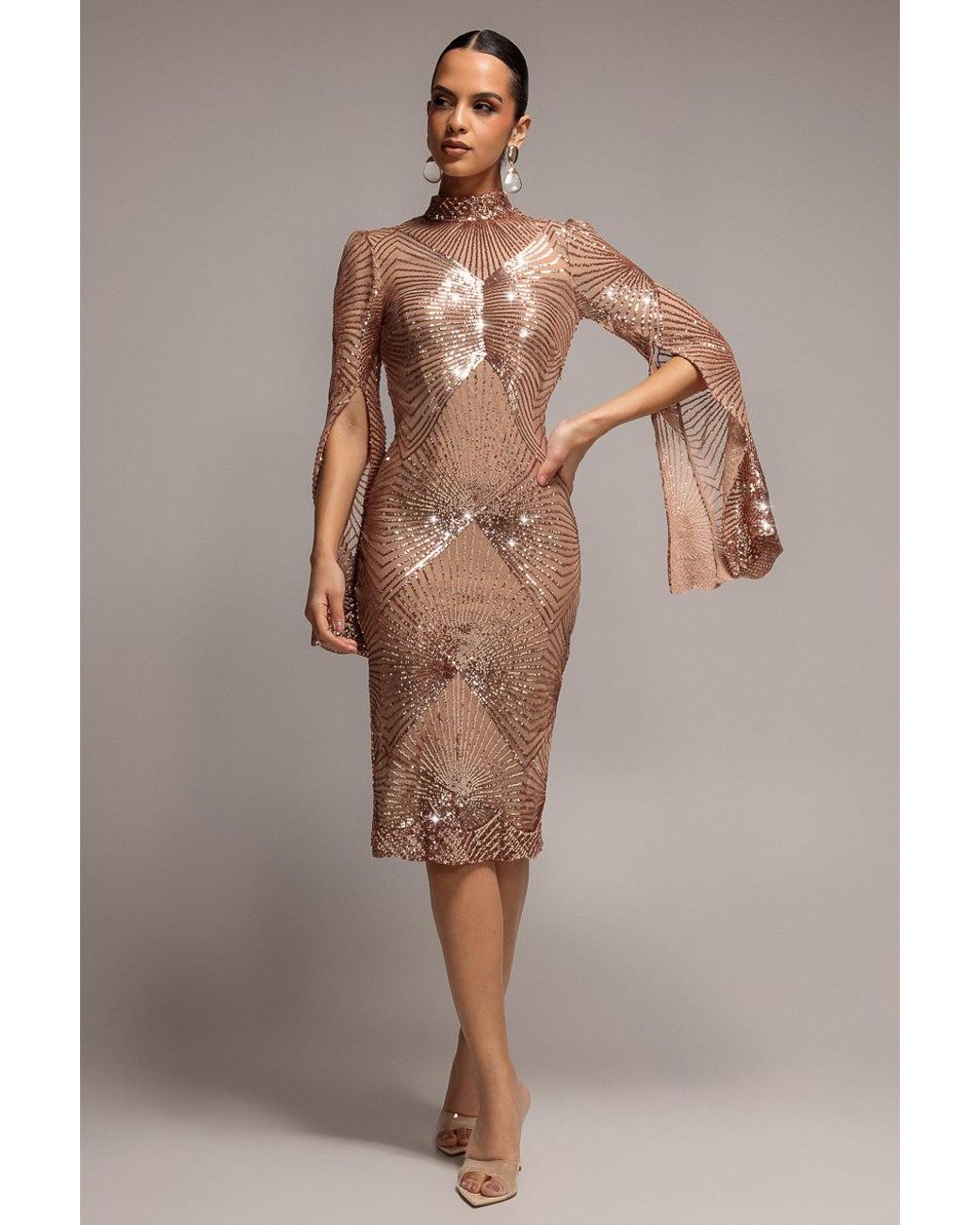 Goddiva Green Sequin Starburst Cape Sleeve Midi Dress